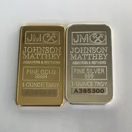 100 peças barras banhadas a ouro não magnéticas Johnson Matthey sivler 50 mm x 28 mm 1 OZ JM moeda barra de decoração com laser diferente serial1365992