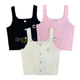 Canotte con collo quadrato Gilet firmato da donna con spilla Bottoni in cristallo lucido Maglieria senza maniche in maglia