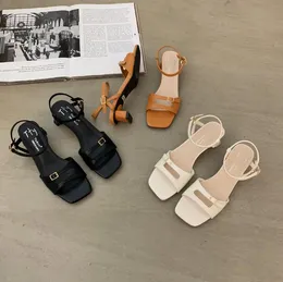 Damen-Sandalen mit dicken Absätzen, neuer Sommerstil, römische Ein-Knopf-Sandalen, einfarbig, lässige High-Heel-Sandalen mit Schnalle
