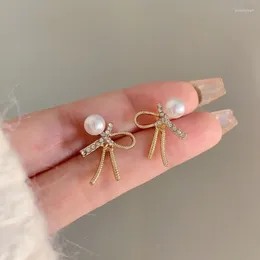 Stud Earrings Creative Bow Metal For Women Fashion Imitation Pearl Crystal Wedding Party Vintage Golden Jewelry