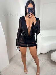 Podstawowe sukienki swobodne Hirigin Deep V Secke Sexy Mini Mesh Dress Women Party Cestit 2023 Black See przez długi rękaw