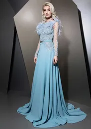 Elegant Beaded Long Sleeves Evening Dresses Sweep Train Feathers A Line Light Sky Blue Formal Party Gowns 2024 Crew Neck Prom Dress For Women