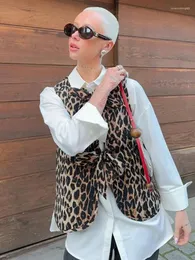 Kvinnors västar retro leopard tryck snörning bow väst elegant v hals ärmlös beskuren jacka chic mode kvinnlig high street outwear