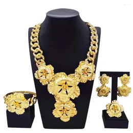 Necklace Earrings Set Jewelry For Women Cuban Chain Gold Plated Flower Big Pendant Italian Luxury Wedding Party Bijoux