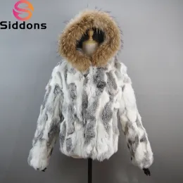 Fur New Brand Winter 100% Natural Fur Coat Women Warm Genuine Rabbit Fur Jackets With Raccoon Fur Collar Lady Real Fur Hooded Coats