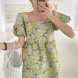 Party Dresses 2024 Summer Korean Style Elegant Floral High-waist Puff Sleeves Loose Doll Dress Women Clothes