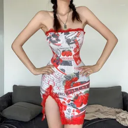 Lässige Kleider Frauen Sexy trägerloses Kleid Spitzenbesatz Mantel Split Short Mini Bodycon Party Rot bedrucktes ärmelloses Mieder Nachtclub