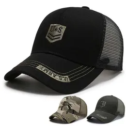 Bollmössor Mens kamouflage militär hatt broderad brev mesh hatt andas utomhus sportskor sommar uv skydd sunhat j240226