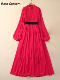Sukienki swobodne czerwone roosarosee stojak kołnierz długi latarnia purpurowy drapowany szyfonowa sukienka europejska wiosna letnie kobiety vestidos szatę femme