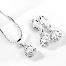 Necklace Earrings Set 925 Sterling Silver Trendy Crystal Pendant Jewelry For Women Girls Wedding Engagement Fashion