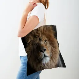 쇼핑 가방 더블 프린트 아프리카 용감한 사자 구매자 여성을위한 재사용 가능한 패션 야생 동물 레이디 캔버스 토트 핸드백