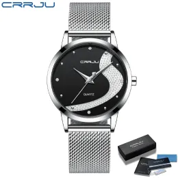 Women Watch CRRJU Top Luxury Brand Steel Mesh Waterproof Ladies Watches Flower Quartz Female Wristwatch Charming Girl Clock