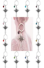 Creative Rose Cross Keychain with 12 Birthstones Jewelry Memorial Gifts Bag Pendant Key Chains Religious Christian Keyrings6702355