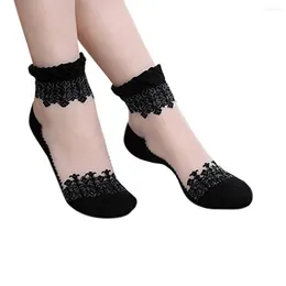 Women Socks Ultrathin Transparent Crystal Silk Short Lace (Black)