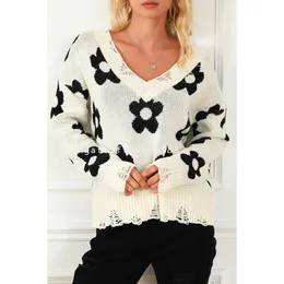 Women's Sweaters 2024 New V-Neck Floral Print Pullover Sweater Women's Hot Sale Small Fresh Long Sleeve Knitwear