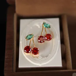 Stud Earrings Korea Fashion For Women Red Metal Crystal Zircon Cherry Temperament Birthday Jewelry Gift Collier