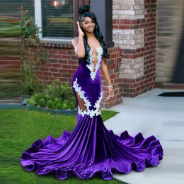 Sexy Lace Purple Mermaid Black Girls Prom Dress Velvet Appliques Beads Sheer Mesh Graduation Party Gowns Vestidos De Fiesta Elegantes Para Mujer