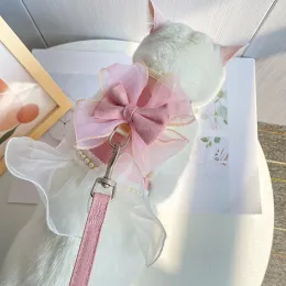 Leva bonito bowknot gato arnês trela princesa vestido de gato trajes náilon gatinho vestido filhote de cachorro arnês para chihuahua teddy gatos roupas