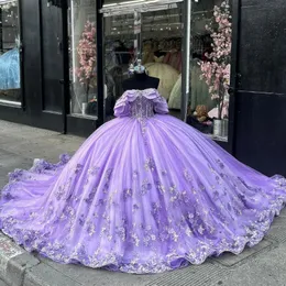 Lavendelfarbenes, glänzendes, schulterfreies Quinceanera-Kleid, Ballkleid, Blumenapplikation, Spitze, Tüll, Prinzessinnenkleid, süßes 15-jähriges Partykleid