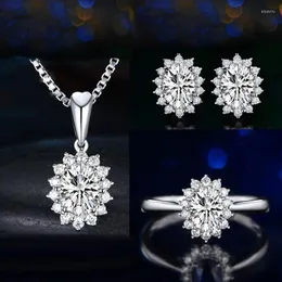 Necklace Earrings Set 925 Sterling Silver Needle Crystal Pendant Rings Bridal Jewelry For Women Girls Wedding Engagement