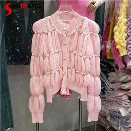 Maglieria da donna a righe con perline strass Cardigan 2024 Autunno e inverno stile coreano a vita alta corto irregolare maglione con collo a lupetto alla moda