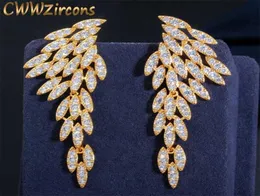 Cwwzircons eleganta 18k guldpläterade kubik zirkoniume lång dingle fjädervinge droppörhängen för kvinnor mode boho smycken cz640 22013061417