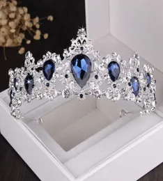 Luxury Silver Baroque Plated Blue Crystal Bridal Sets Necklace Earring Tiara Crown Wedding African Beads Jewelry Set 92QQ4694076