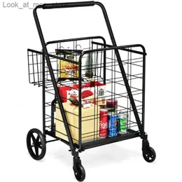 Shopping Carts Gymax 330 kg Tung fällbara kundvagn Multifunktionell Giant Double Basket Black Q240227