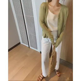 Cardigans 2023 gelo seda verde cardigan ver através de malha nova mulher topo y2k camisola feminina moda coreana blusa colete roupas femininas jaquetas