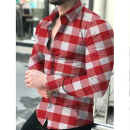 Męska koszula z nadrukiem Modna moda w kratkę Dopasowane koszule przyczynowe przyczyna długie rękawie Slim Fit Tops Bluzka 240223