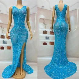 Stage Wear Shiny Blue Rhinestones Dress Women Party Evening Dresses Wedding Celebrate Costume Festival Outfit Performance XS7117