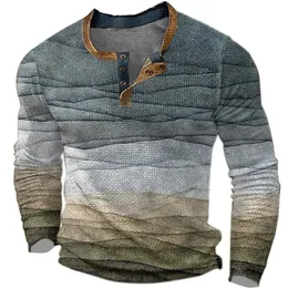 Kolorowy blok henley koszulka gradient 3D nadruk streetwear męska moda butdondown thirt z długim rękawem Man Tees Tops Ubranie 240219