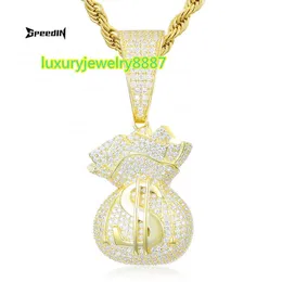 Rua hip hop diamante zircônia moissan dólar dinheiro saco de moeda de ouro pingente colar personalizado maré masculino