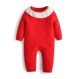 Pullover 2024 Baby Stricker mit Hüten Neugeborene Stricken One -Stück Overall Red ROT WOWY Bodysuit Baby Girl Strick Strampler