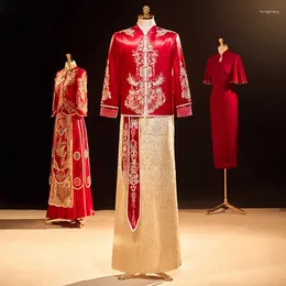 Etniska kläder kinesiska xiuhe porslin traditionella bröllopsklänningar tung pärlstav brudgum rostande klänning par gamla klänningar uppsättningar