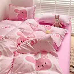 Розовый комплект постельного белья с мультяшным кроликом для девочек, детский пододеяльник, королевский размер, плоская простыня, стеганое одеяло с цветочным принтом, наволочка Kawaii 240226