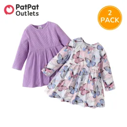 Vestidos patpat 2 pacotes de vestidos para recém-nascidos, roupas de meninas recém-nascidas, vestido de festa de aniversário infantil, estampa de borboleta, conjunto de manga comprida de malha