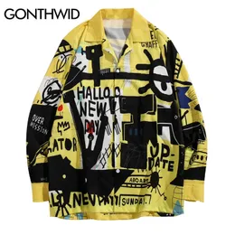 Gonthwid graffiti impressão manga longa camisas de vestido streetwear hip hop hipster causal botão acima camisa topos moda camisas t 240223