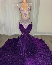 Purple Sheer O Neck Long Prom Dress For Black Girls Beaded Crystal Rhinestone Birthday Party Gowns Sequined Evening Dresses