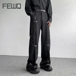 Men's Pants FEWQ Autumn Winter Metal Buckle Design PU Leather Splicing 2024 Fashion Solid Color Darkwear Trousers 24X1740