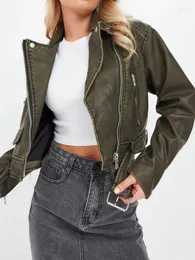 Women's Leather Streetwear Women Loose Fit Retro Pu Faux Short Jacket Vintage Female Zipper Belt Moto Biker Coat Chic Outwear