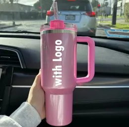 US-Lagerbestand Stabucks Winter PINK Black Chrome Mugs 1:1 Logo Cosmo Tumblers Shimmery 40 oz 40 oz Mugs Lid Straw Water Bottle Valentines Day Gift Pink Parade U0228