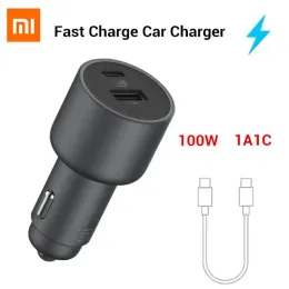 Control Original Xiaomi 100W Car Charger Dual USB Quick Charge Mi Car Charger USBA USBC Dual Output LED Light With 5A Cable