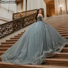 Abito da ballo classico con scollo a cuore Abiti Quinceanera Corsetto blu Pizzo Applicazioni floreali Sexy spalle scoperte Tulle Compleanno Formale Principessa Dolce 16 Abito da ballo di fine anno