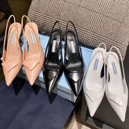 Designer-Heels, Slingback-Schuhe, Luxus-Sandalen, niedrige Absätze, Marken-Kleiderschuhe, schwarze Pumps aus gebürstetem Leder, nackte weiße Lackleder, Größe EUR 35–42