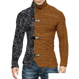 Men'S Vests Mens Vests 2021 Autumn/Winter Turtleneck Sweater Matching Color Leather Button Long Sleeve Knit Cardigan Large Size Wear D Dhkte