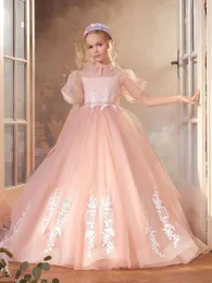 Girl Dresses Pink Flower Dress For Wedding Tulle Lace Floor Length With Bow Elegant Kids Birthday First Communion Ball Gowns
