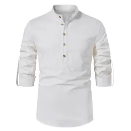 White Roll Up Mandarin Flar Sukienka Koszula Mężczyźni 2024 Brand Cotton Linen Henley Business Koszulki Mężczyzna Chemise Homme 240219