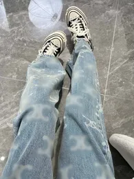 Franska designer kvinnors blå jeans triumfbåge raka ben byxor logotyp tryckt damer casual bantning rak ben jeans lyx denim byxor