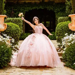 Rosa quinceanera klänningar bollapplikationer pärlor 3dflower spaghetti rem söt 16 klädfest klänning vestidos de 15 anos 328 328